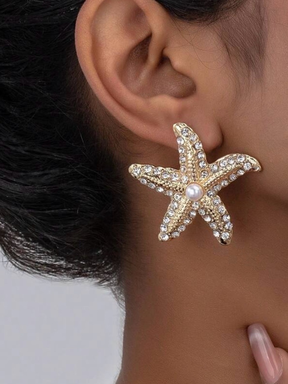 Gold Rhinestone Starfish Statement Earrings with Pearl Detail